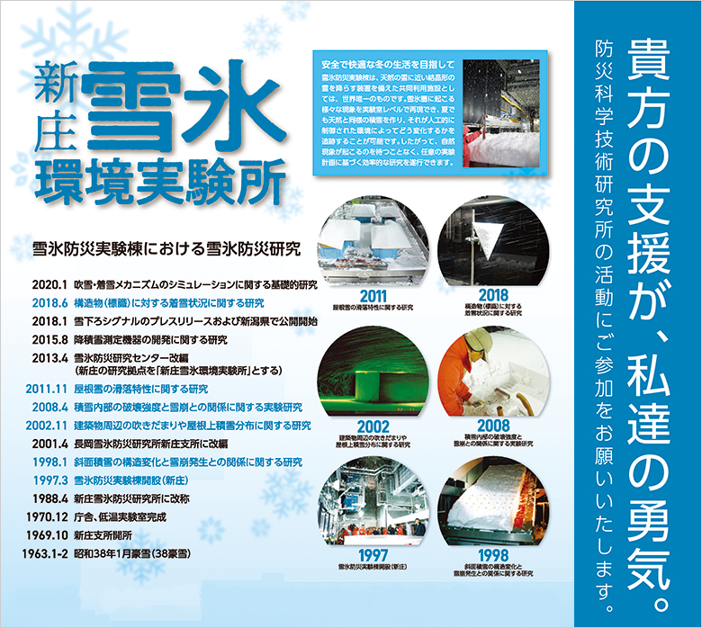 新庄雪氷環境実験所
雪氷防災実験棟は、天然の雪に近い結晶型の雨を降らす装置を備えた共同利用施設としては、世界唯一のものです。雪氷圏に起こる様々な現象を実験室レベルで再現できます。
防災科学技術研究所の活動にご参加をお願いいたします。